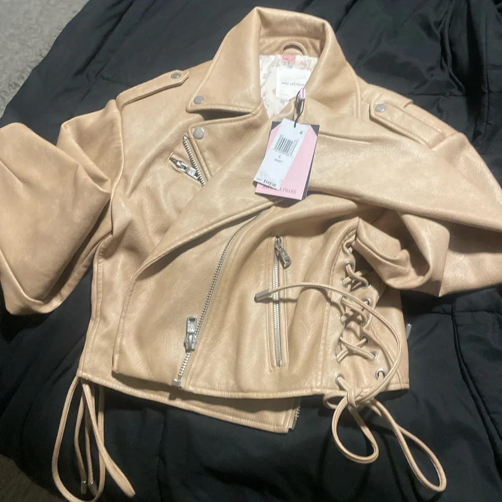 Avec Les Filles Light Brown Faux Leather Moto Jacket - Picture 3 of 4